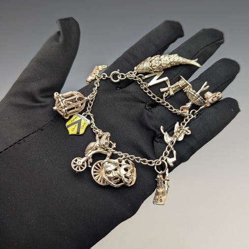 British vintage sterling silver charm bracelet 35g